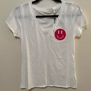 NWT Juicy Couture White Pink Smiley Face Emoji V Neck Short Sleeve T Shirt Small